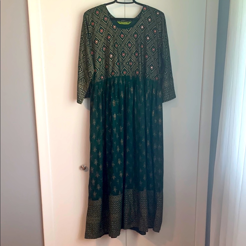 Libas Green, Gold & Red 3/4 Sleeve Elephant Design Ethnic Maxi Dress Size XL